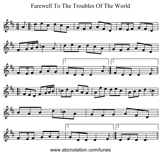 Farewell To The Troubles Of The World - staff notation