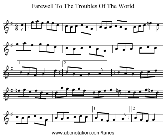 Farewell To The Troubles Of The World - staff notation