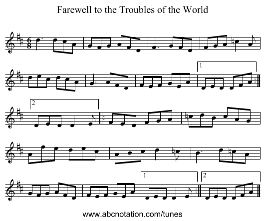 Farewell to the Troubles of the World - staff notation