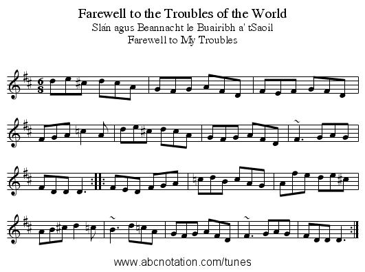 Farewell to the Troubles of the World - staff notation