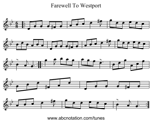 Farewell To Westport - staff notation
