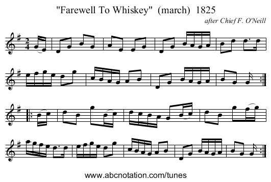 Farewell To Whiskey  (march)  1825 - staff notation