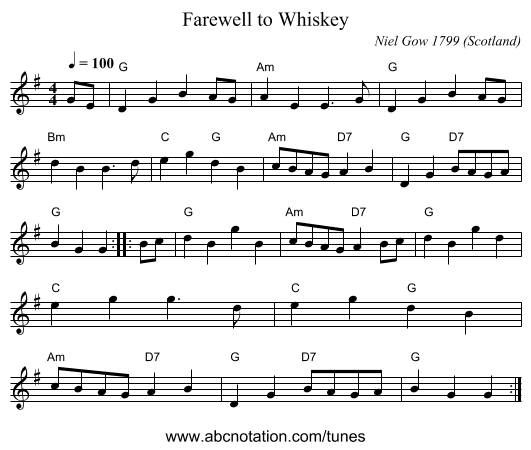 Farewell to Whiskey - staff notation