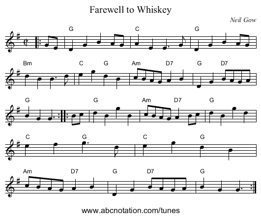 Farewell to Whiskey - staff notation