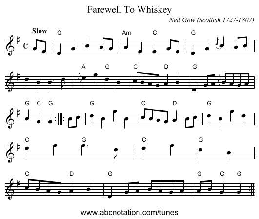 Farewell To Whiskey - staff notation
