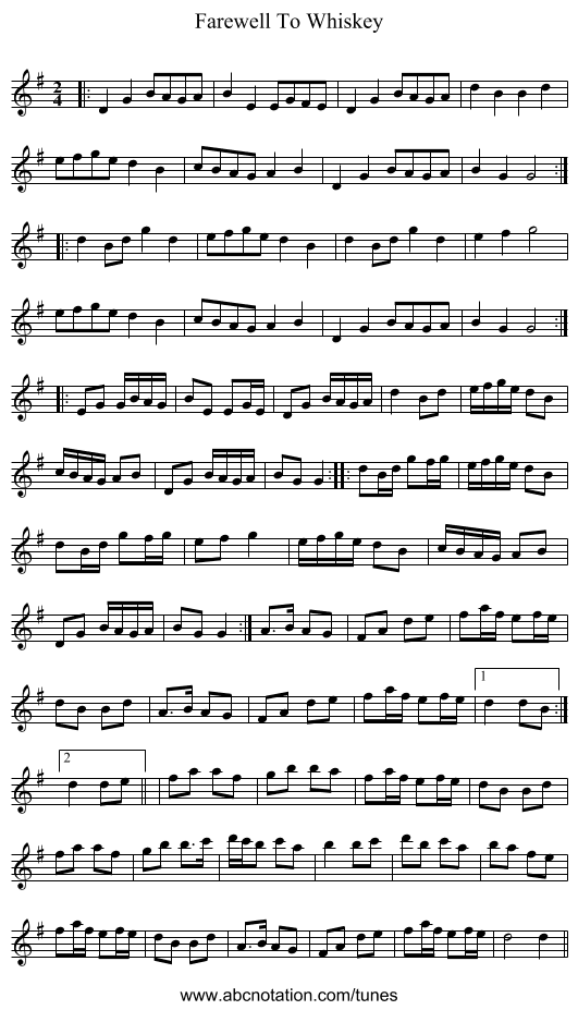 Farewell To Whiskey - staff notation