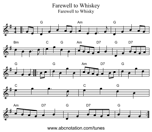Farewell to Whiskey - staff notation