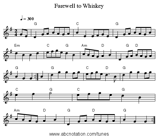 Farewell to Whiskey - staff notation