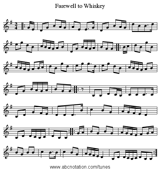 Farewell to Whiskey - staff notation