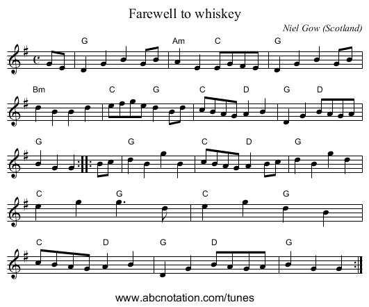 Farewell to whiskey - staff notation