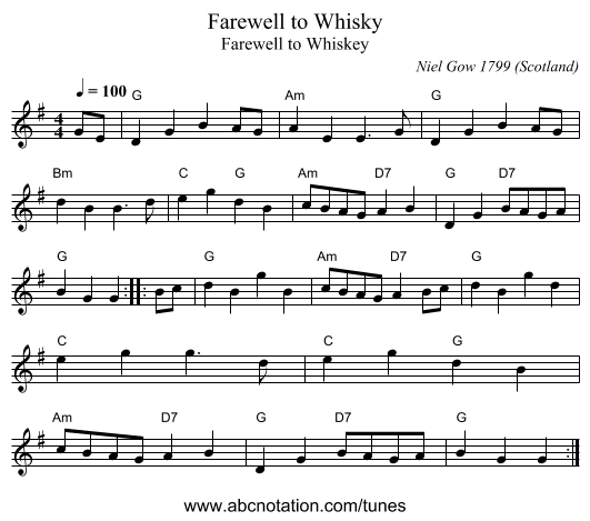Farewell to Whisky - staff notation