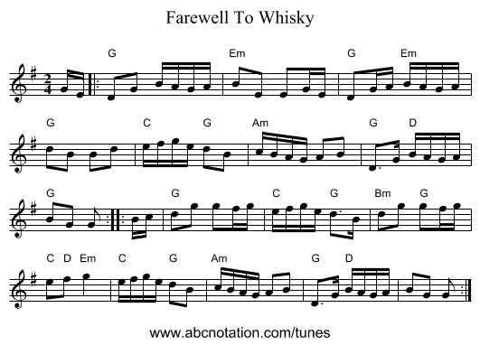Farewell To Whisky - staff notation