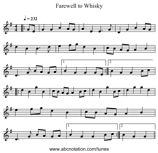 Farewell to Whisky - staff notation