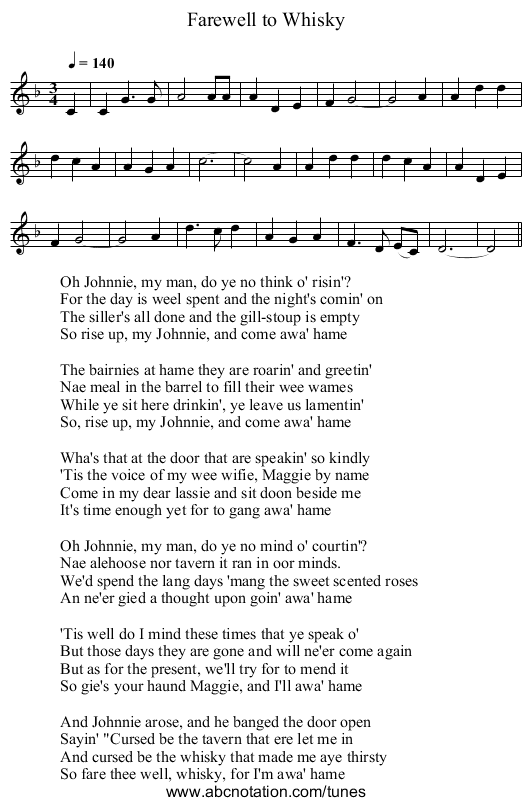 Farewell to Whisky - staff notation