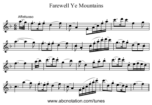 Farewell Ye Mountains - staff notation