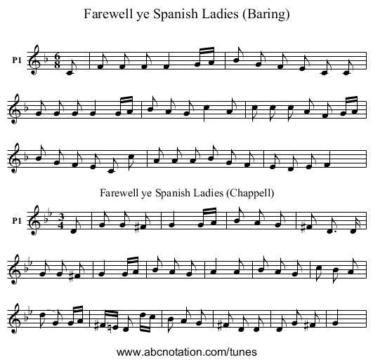 Farewell ye Spanish Ladies (Baring) - staff notation