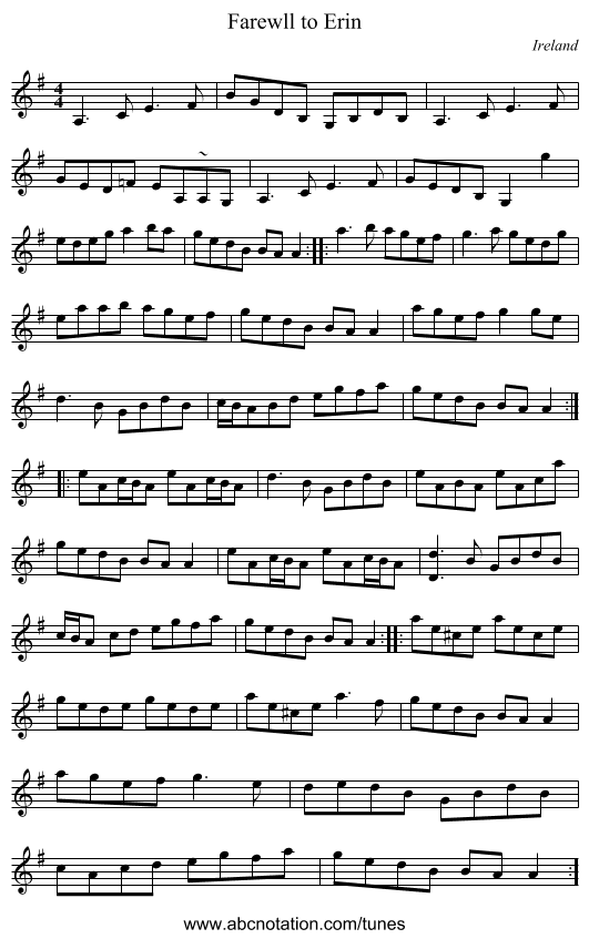 Farewll to Erin - staff notation