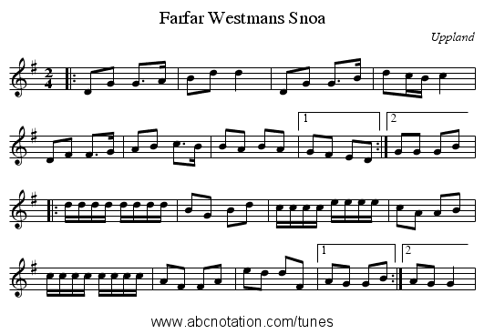 Farfar Westmans Snoa - staff notation