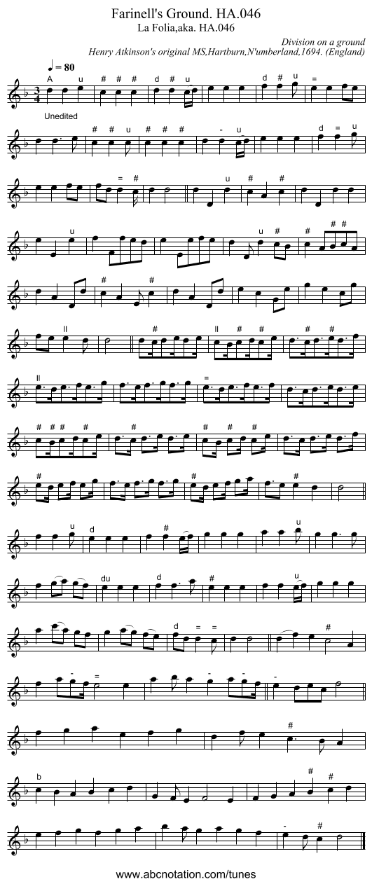 Farinell's Ground. HA.046 - staff notation