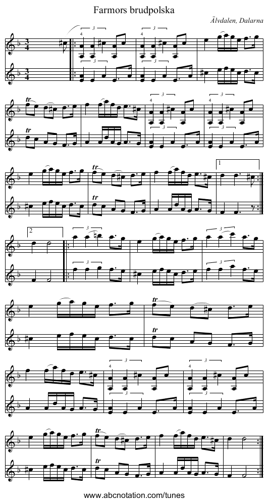 Farmors brudpolska - staff notation