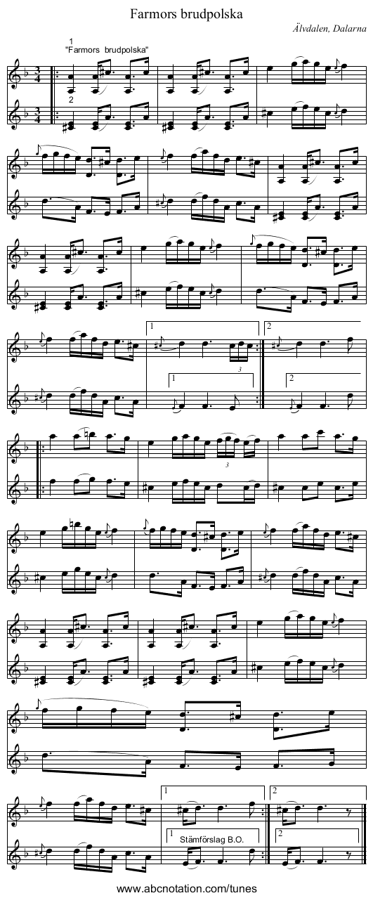 Farmors brudpolska - staff notation