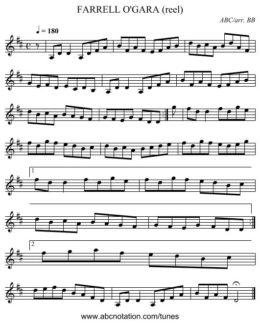 FARRELL O'GARA (reel) - staff notation