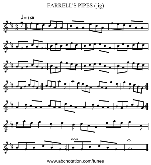 FARRELL'S PIPES (jig) - staff notation