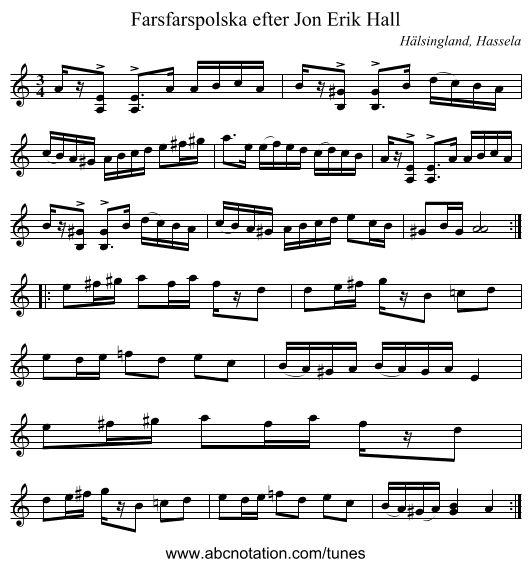 Farsfarspolska efter Jon Erik Hall - staff notation