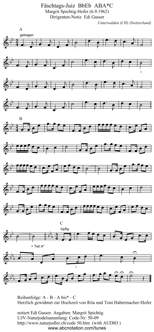 Fäschtags-Juiz  BbEb  ABA*C - staff notation