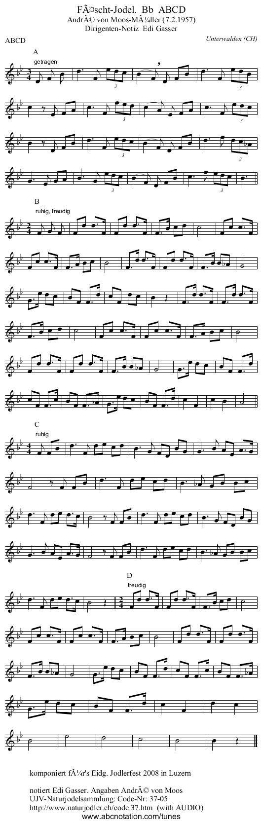 FÃ¤scht-Jodel.  Bb  ABCD - staff notation