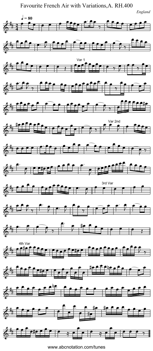 Favourite French Air with Variations,A. RH.400 - staff notation