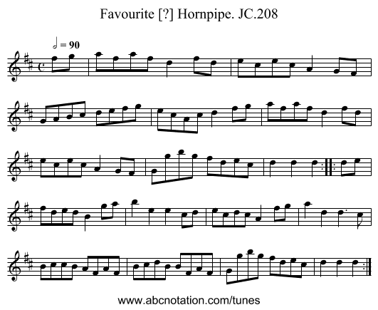 Favourite [?] Hornpipe. JC.208 - staff notation