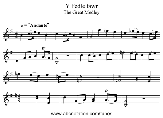 Fedle fawr, Y - staff notation