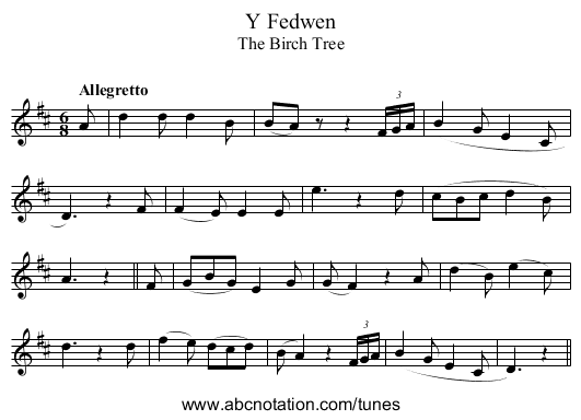 Fedwen, Y - staff notation