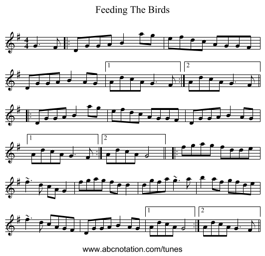 Feeding The Birds - staff notation