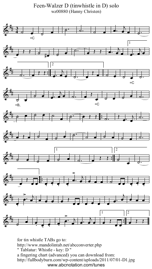 Feen-Walzer D (tinwhistle in D) solo - staff notation