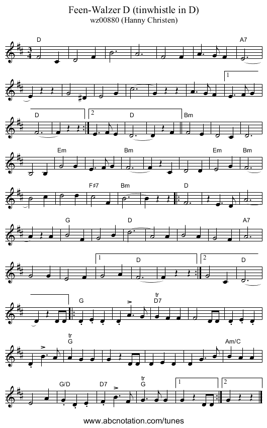 Feen-Walzer D (tinwhistle in D) - staff notation