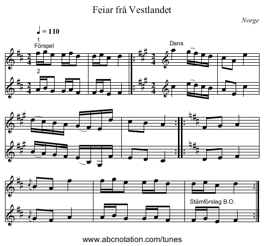 Feiar frå Vestlandet - staff notation