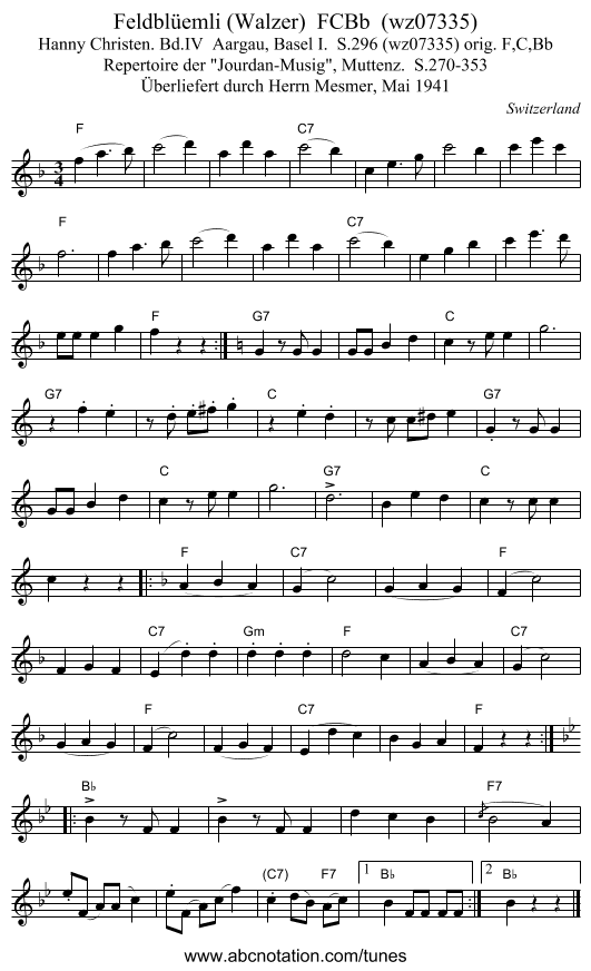 Feldblüemli (Walzer)  FCBb  (wz07335) - staff notation