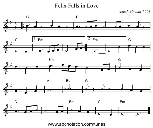 Felix Falls in Love - staff notation
