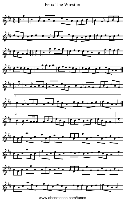 Felix The Wrestler - staff notation