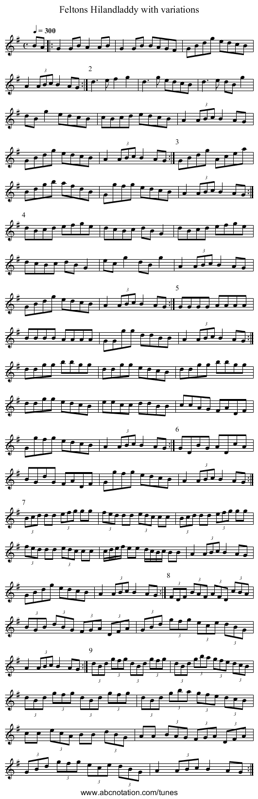 Feltons Hilandladdy with variations - staff notation