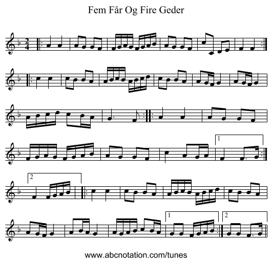 Fem Får Og Fire Geder - staff notation
