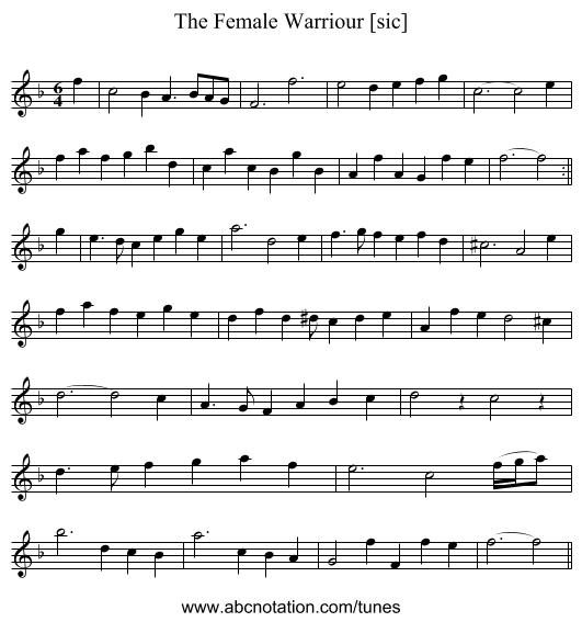 Female Warriour [sic], The - staff notation