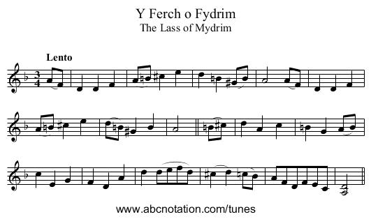 Ferch o Fydrim, Y - staff notation
