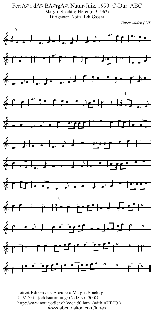 FeriÃ¤ i dÃ¤ BÃ¤rgÃ¤. Natur-Juiz. 1999  C-Dur  ABC - staff notation