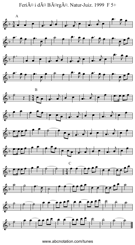 FeriÃ¤ i dÃ¤ BÃ¤rgÃ¤. Natur-Juiz. 1999  F 5+ - staff notation