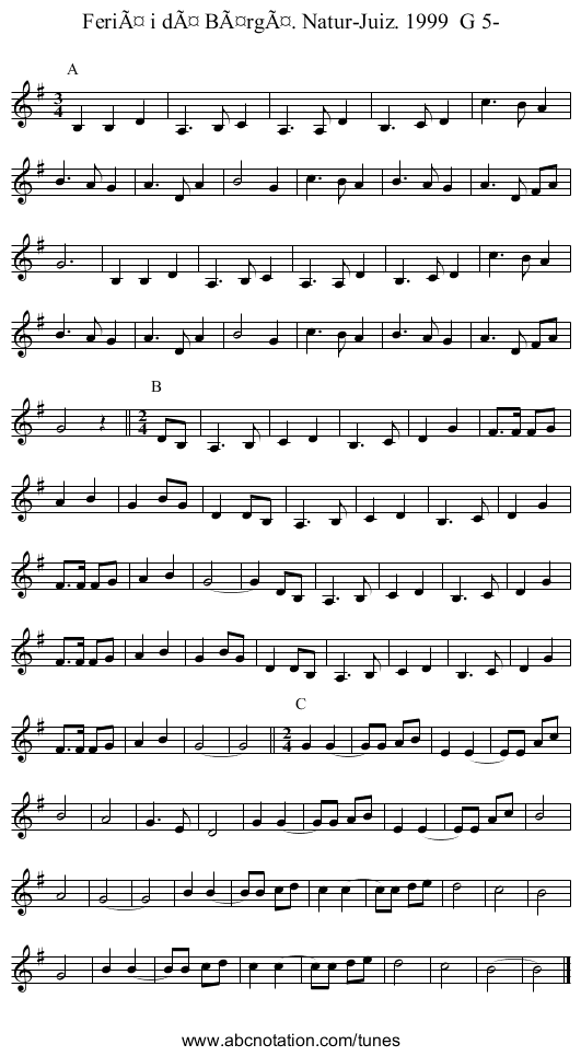 FeriÃ¤ i dÃ¤ BÃ¤rgÃ¤. Natur-Juiz. 1999  G 5- - staff notation