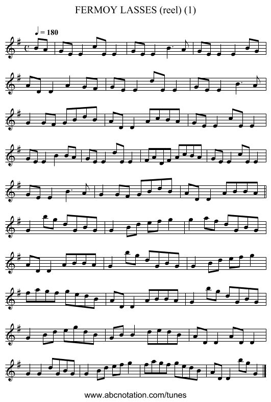 FERMOY LASSES (reel) (1) - staff notation