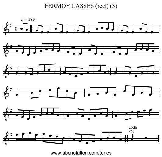 FERMOY LASSES (reel) (3) - staff notation